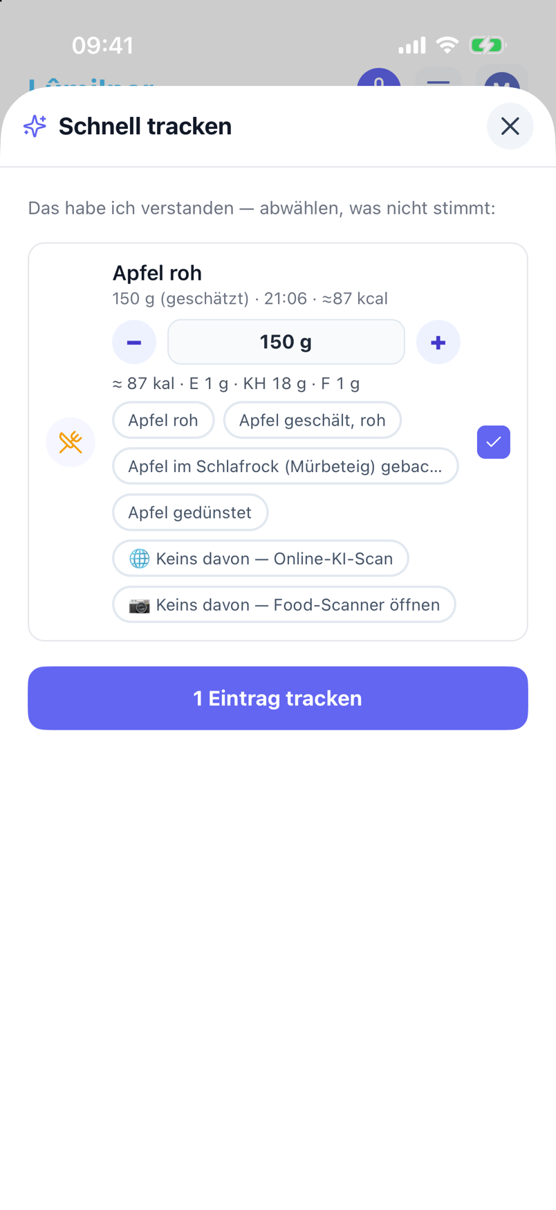 Quick-Track-Vorschläge mit Alternativen pro Zutat