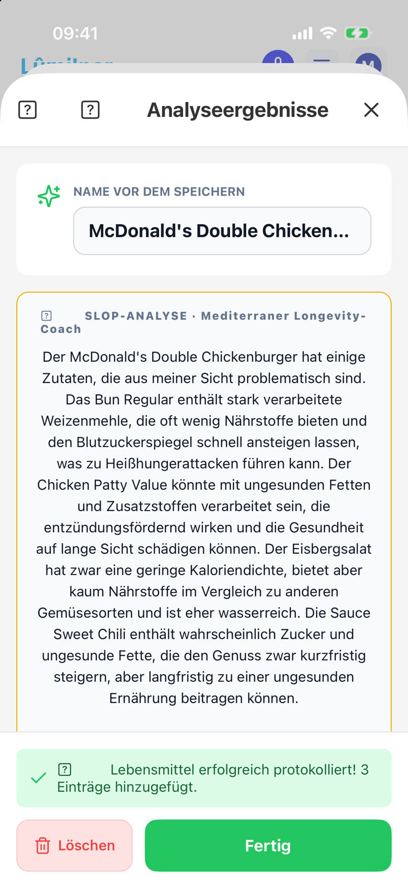 Ergebnis eines Foto-Scans mit erkannten Zutaten und Mengen