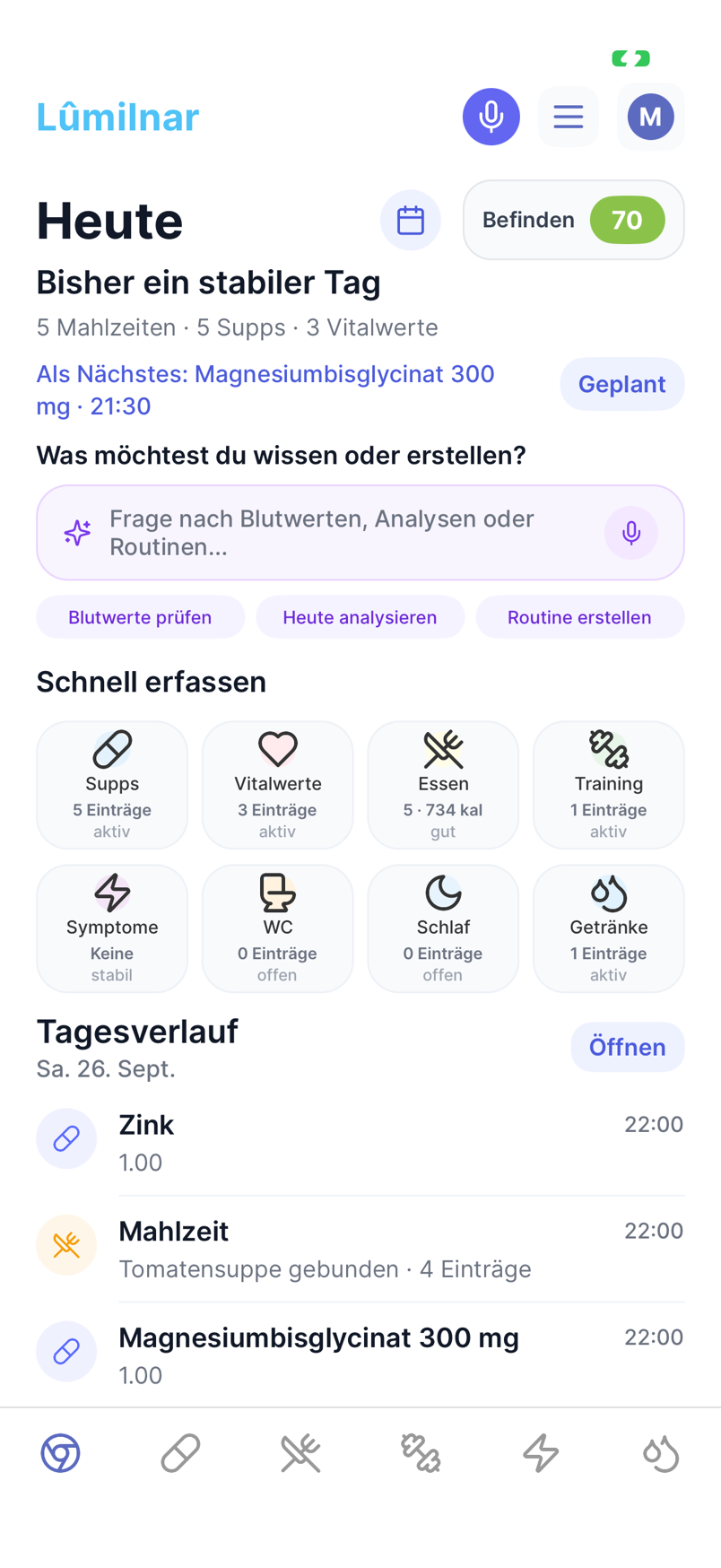 Lumilnar Startseite „Heute“ mit Schnell-Erfassen-Kacheln und Tagesverlauf
