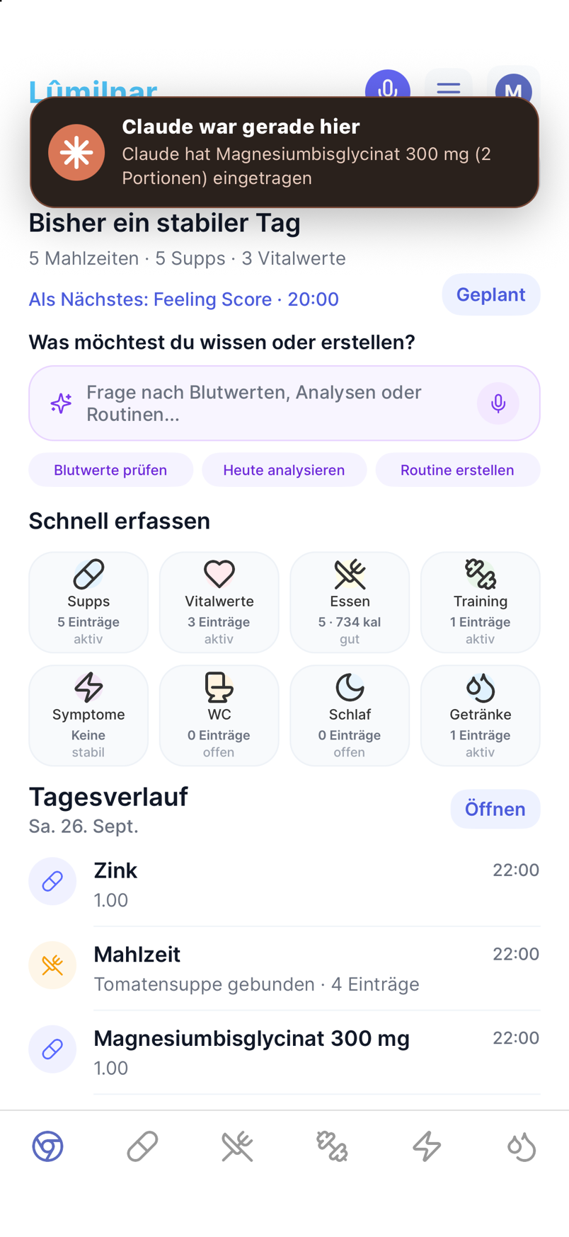 Popup in Lumilnar: „Claude war gerade hier – Claude hat Magnesiumbisglycinat 300 mg eingetragen“