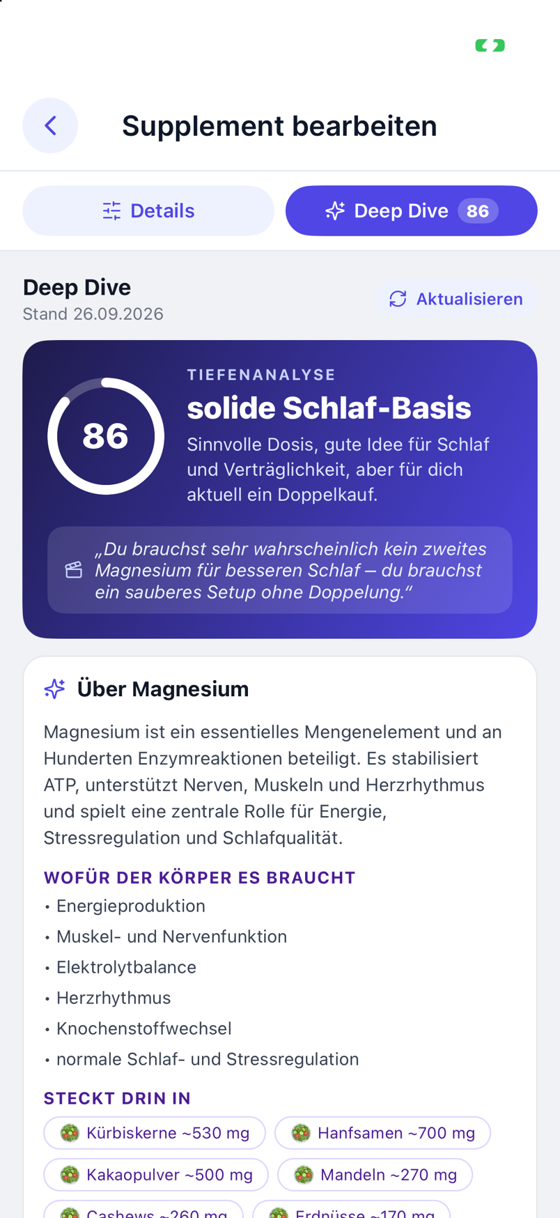 Deep-Dive-Tab eines Supplements mit Dosis-Skala und Passung