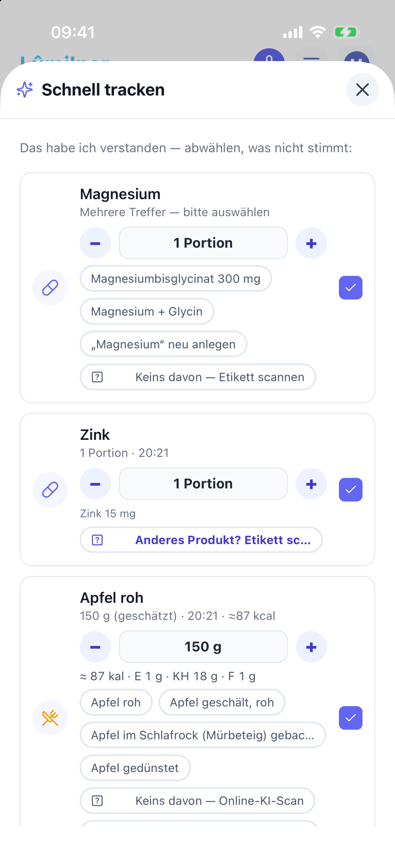 Quick-Track-Bogen mit erkannter Supplement-Einnahme