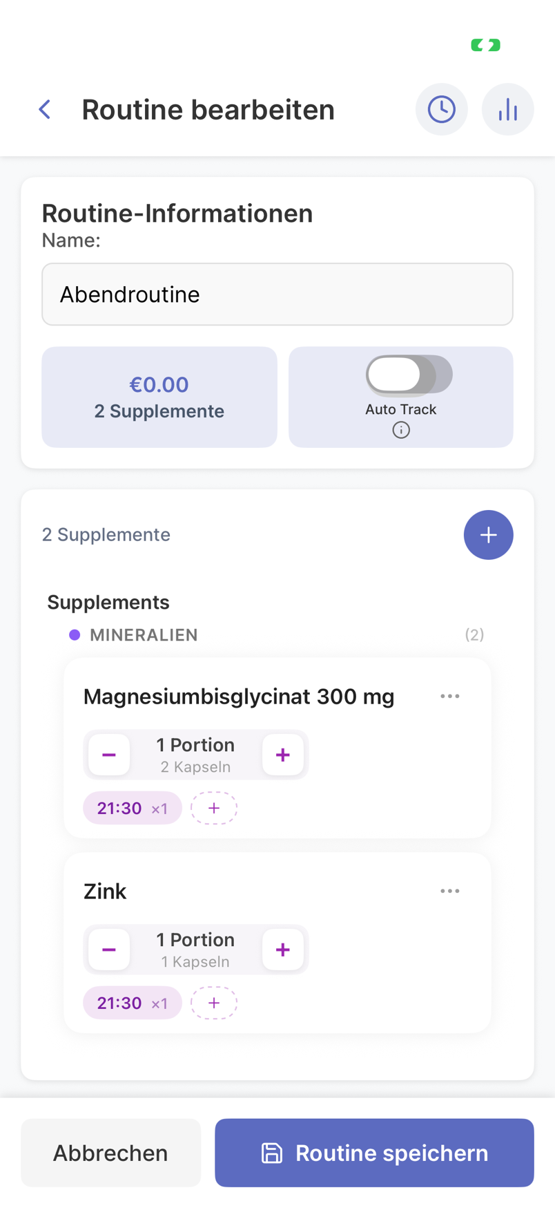 Supplement-Routine mit Uhrzeit und Wochentagen