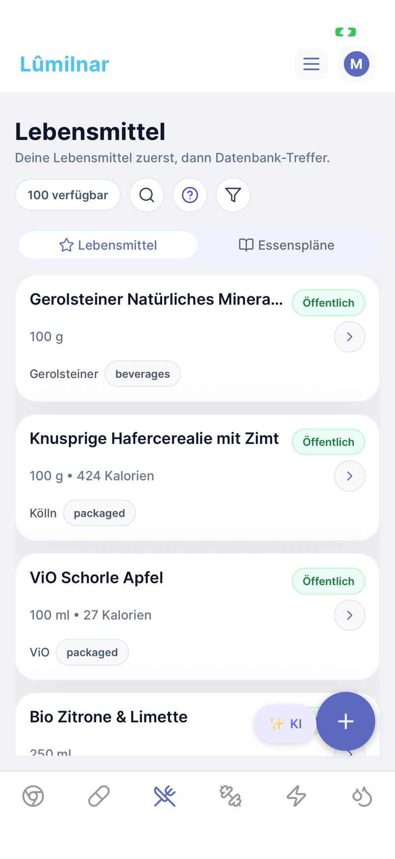 Lebensmittel-Bibliothek in Lumilnar mit persönlichen Lebensmitteln und Datenbanktreffern