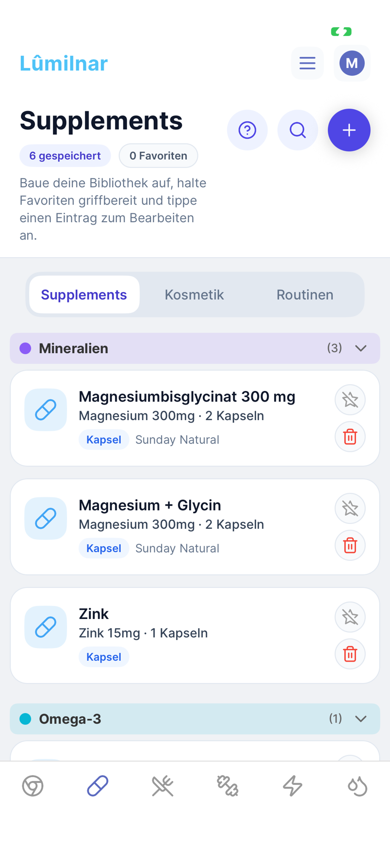 Supplement-Bibliothek in Lumilnar mit Magnesiumbisglycinat, Zink und Omega-3, sortiert nach Kategorie