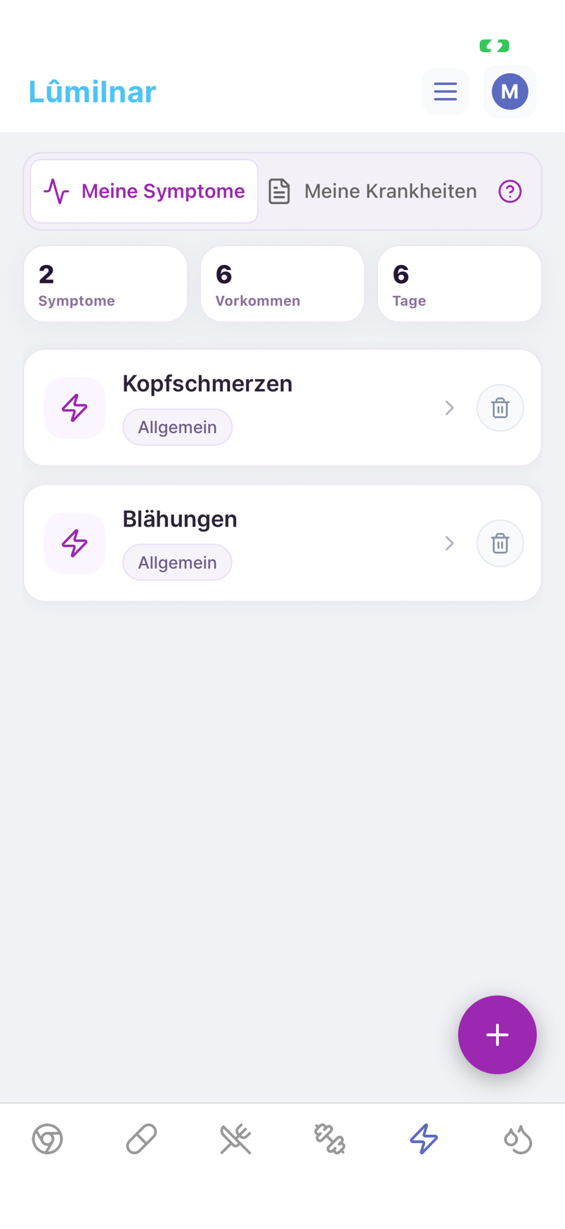 Symptom-Übersicht in Lumilnar mit Kopfschmerzen und Blähungen